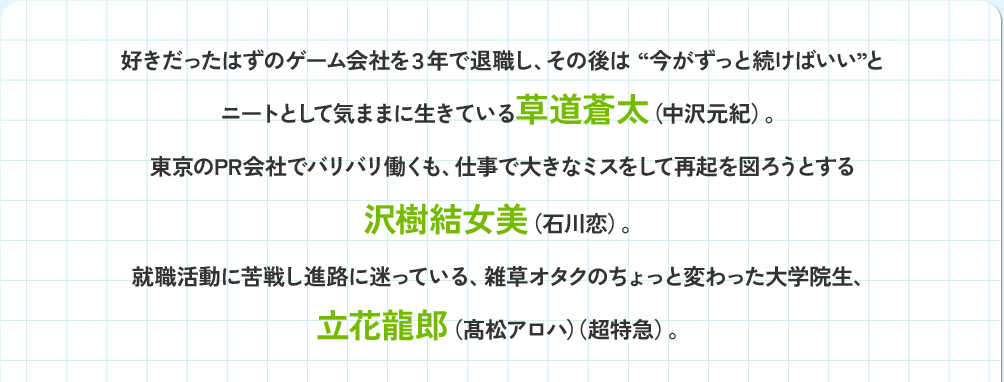 
        好きだったはずのゲーム会社を3年で退職し、その後は“今がずっと続けばいい”とニートとして気ままに生きている草道蒼太（中沢元紀）。
        東京のPR会社でバリバリ働くも、仕事で大きなミスをして再起を図ろうとする沢樹結女美（石川恋）。
        就職活動に苦戦し進路に迷っている、雑草オタクのちょっと変わった大学院生、立花龍郎（髙松アロハ）（超特急）。