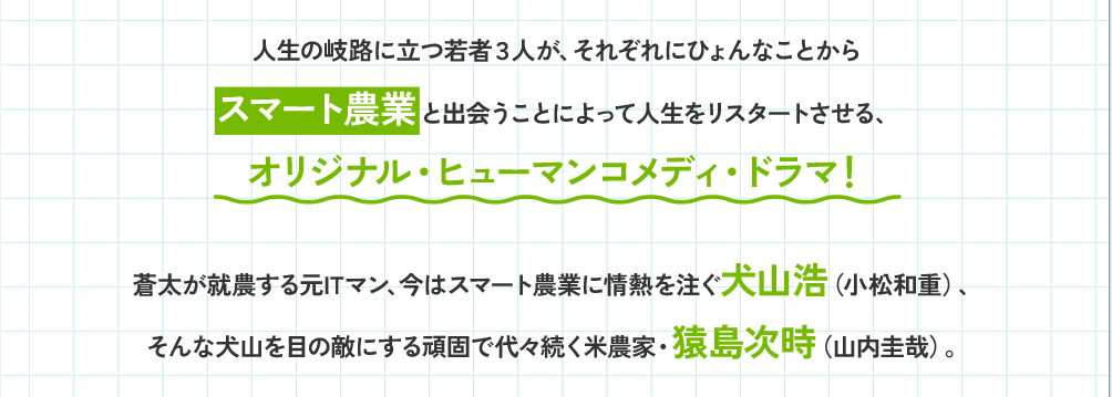 
        人生の岐路に立つ若者３人が、それぞれにひょんなことからスマート農業と出会うことによって人生をリスタートさせる、オリジナル・ヒューマンコメディ・ドラマ！
        蒼太が就農する元ITマン、今はスマート農業に情熱を注ぐ犬山浩（小松和重）、
        そんな犬山を目の敵にする頑固で代々続く米農家・猿島次時（山内圭哉）。