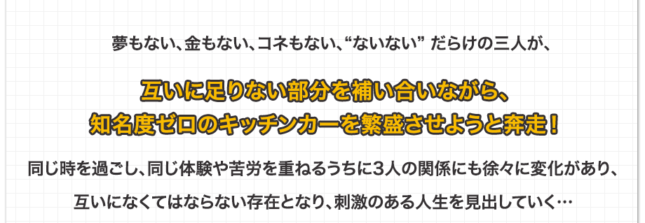 夢もない、金もない、コネもない、“ないない” だらけの三人が、互いに足りない部分を補い合いながら、知名度ゼロのキッチンカーを繁盛させようと奔走！同じ時を過ごし、同じ体験や苦労を重ねるうちに3人の関係にも徐々に変化があり、互いになくてはならない存在となり、刺激のある人生を見出していく…